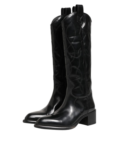 Dolce & Gabbana Black Leather Over The Calf Biker Boots Shoes