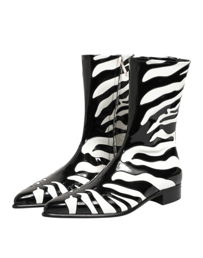 Dolce & Gabbana Black White Zebra Leather Mid Calf Boots Shoes