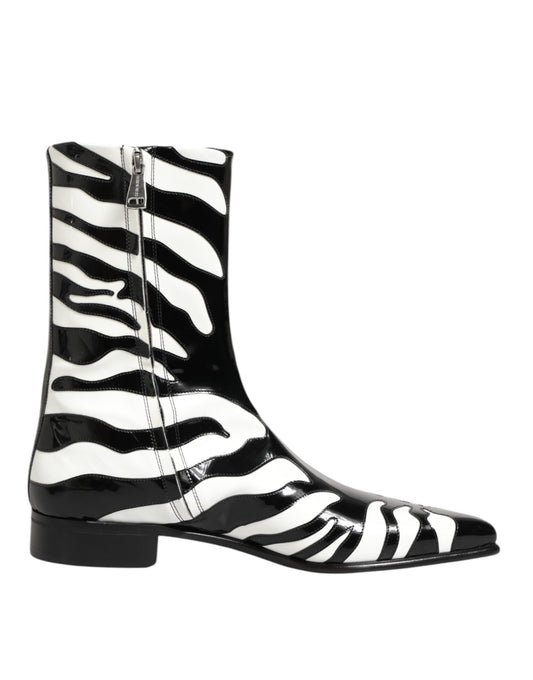 Dolce & Gabbana Black White Zebra Leather Mid Calf Boots Shoes