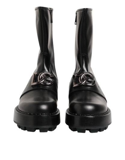 Dolce & Gabbana Black Logo Plaque Mid Calf Biker Boots Shoes