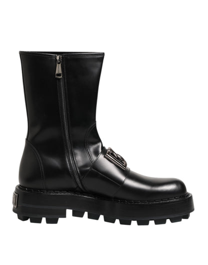Dolce & Gabbana Black Logo Plaque Mid Calf Biker Boots Shoes