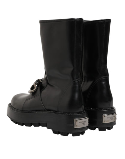 Dolce & Gabbana Black Logo Plaque Mid Calf Biker Boots Shoes