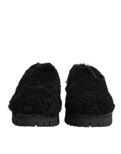 Dolce & Gabbana Dress Black Fur Leather Slippers Men Shoes