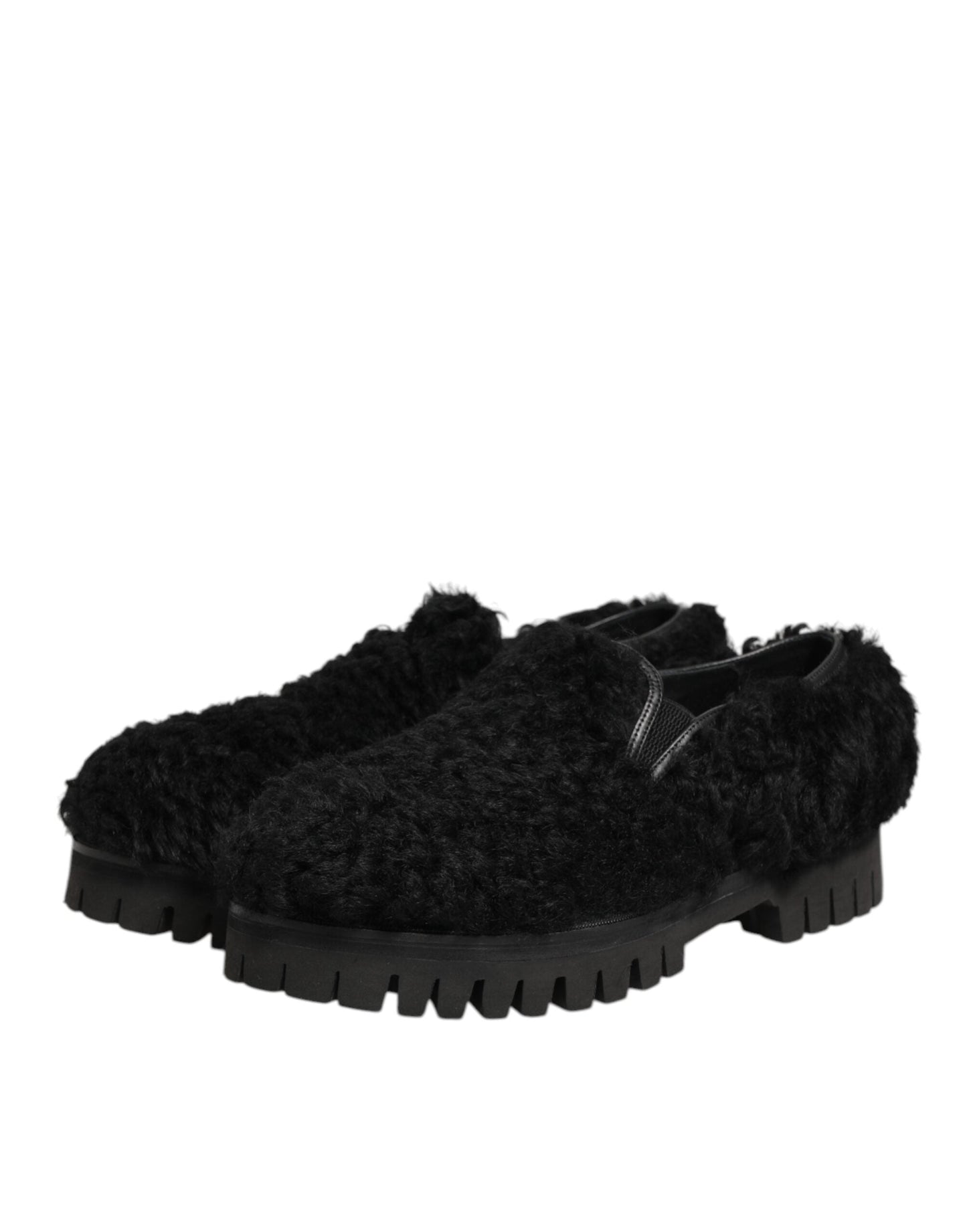 Dolce & Gabbana Dress Black Fur Leather Slippers Men Shoes