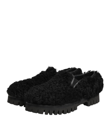 Dolce & Gabbana Dress Black Fur Leather Slippers Men Shoes