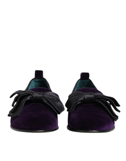 Dolce & Gabbana Purple Suede Cotton Bow Slip On Loafers Shoes