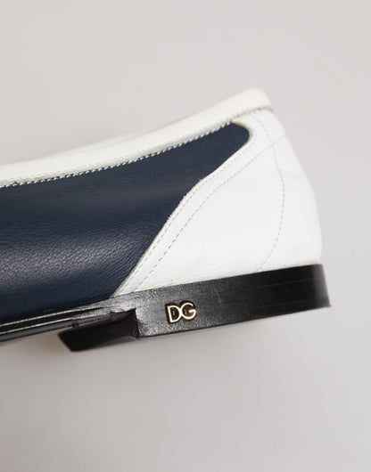 Dolce & Gabbana White Blue Leather Slip On Loafers Men Formal Shoes
