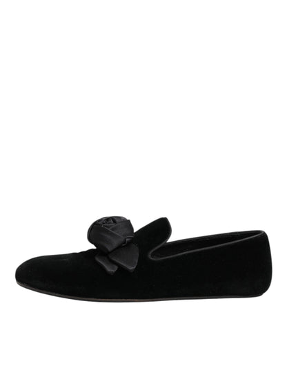 Dolce & Gabbana Black Suede Cotton Rose Slip On Loafers Shoes