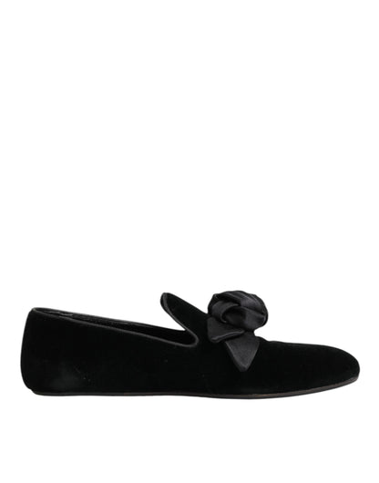 Dolce & Gabbana Black Suede Cotton Rose Slip On Loafers Shoes