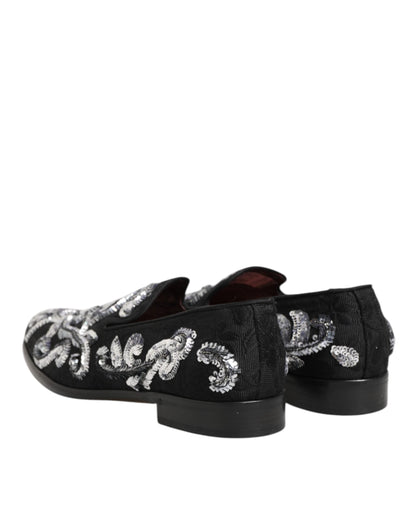 Dolce & Gabbana Black Silver Sequined Loafers Men Dress Shoes
