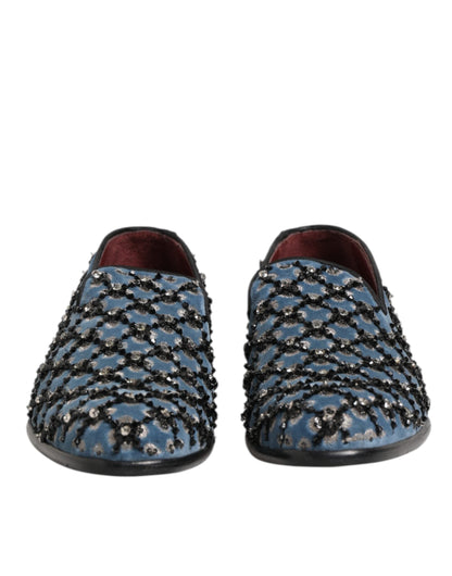 Dolce & Gabbana Blue Velvet Crystal Detailing Loafer Men Shoes