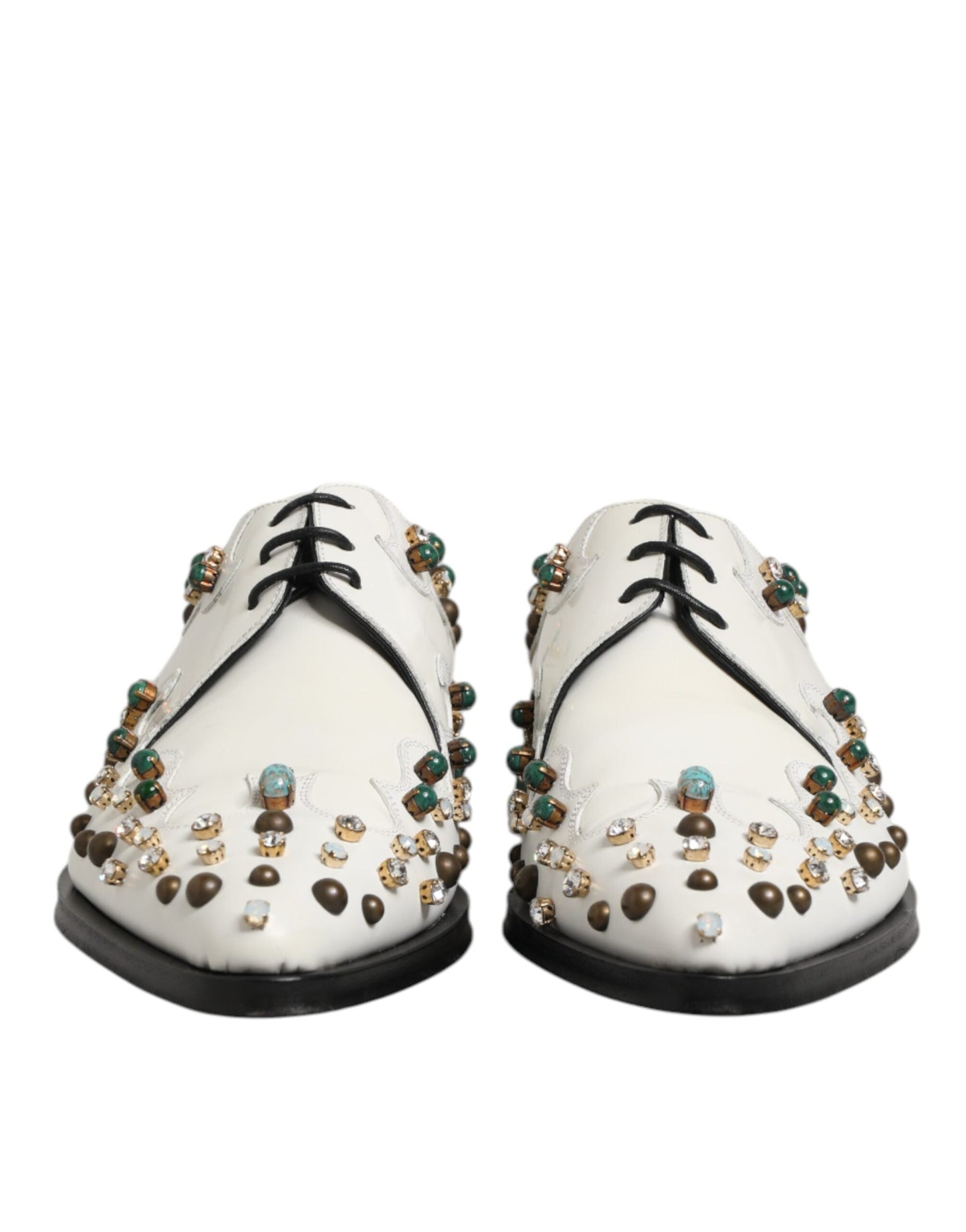 Dolce & Gabbana White Leather Crystals Embellished Derby Shoes