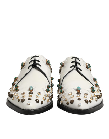 Dolce & Gabbana White Leather Crystals Embellished Derby Shoes
