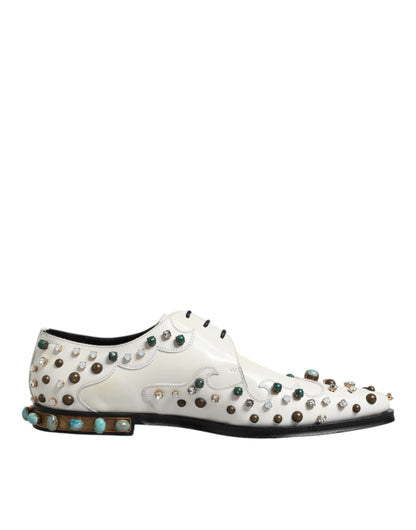 Dolce & Gabbana White Leather Crystals Embellished Derby Shoes
