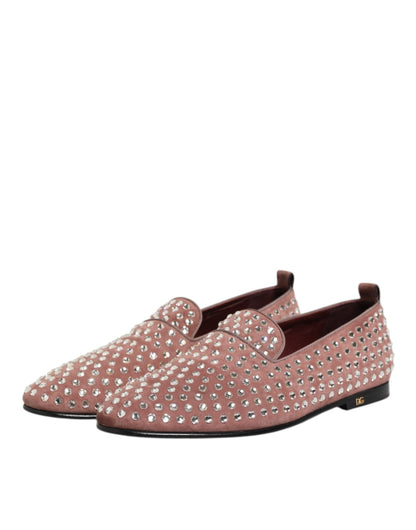 Dolce & Gabbana Pink Suede Crystals Loafers Men Dress Shoes