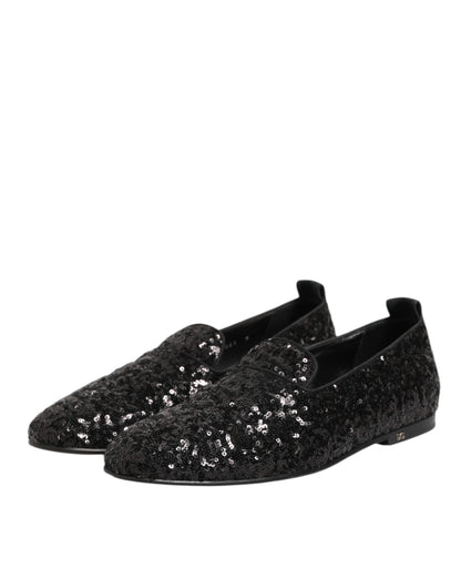 Dolce & Gabbana Black Sequined Slip On Loafers Dress Shoes