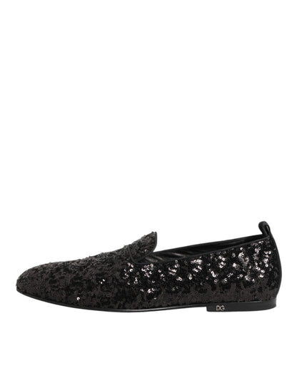 Dolce & Gabbana Black Sequined Slip On Loafers Dress Shoes