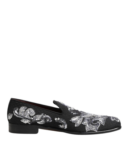 Dolce & Gabbana Black Silver Sequined Loafers Men Dress Shoes