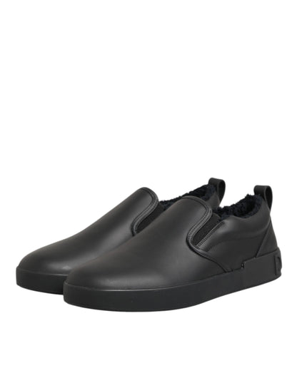 Dolce & Gabbana Black Leather Low Top Slip On Sneakers Shoes