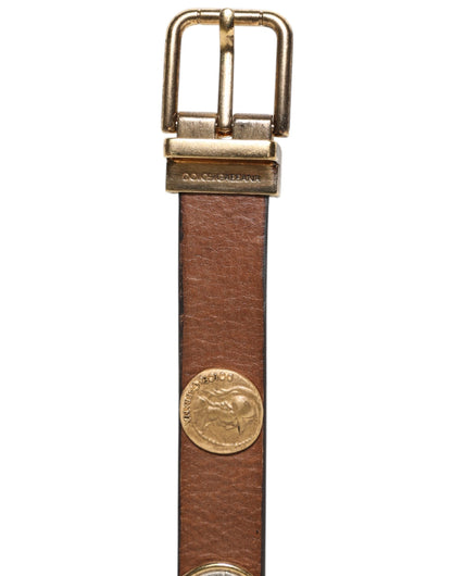 Dolce & Gabbana Brown Leather Gold Silver Coin Buckle Belt