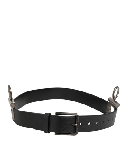 Dolce & Gabbana Black Leather Side Rings Brass Buckle Belt