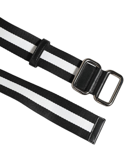 Dolce & Gabbana Black White Striped Logo Metal Buckle Belt