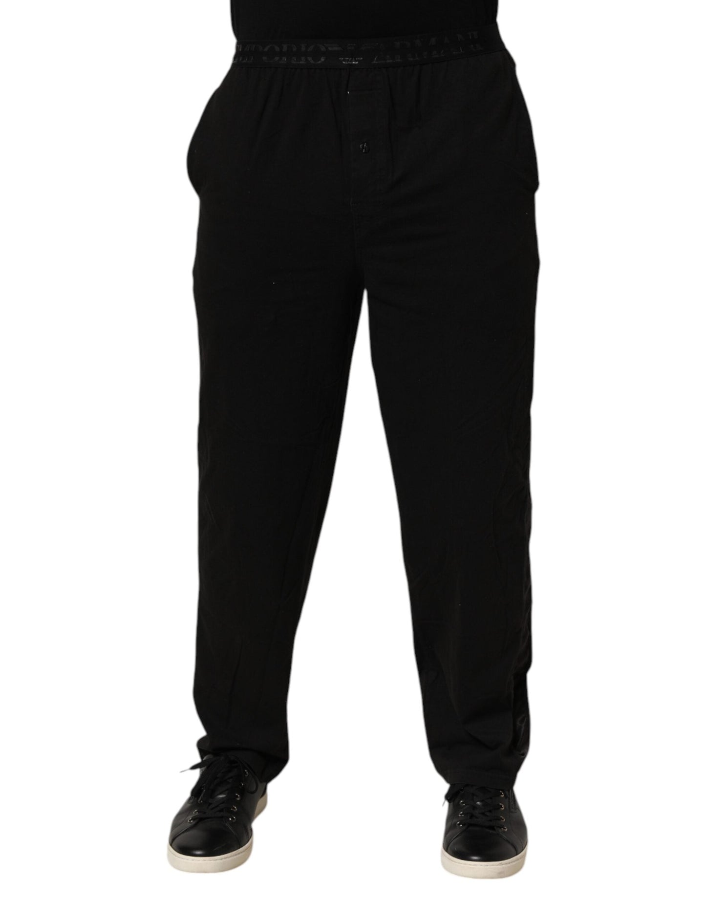 Emporio Armani Black Cotton Blend Logo Waistband Trouser Pants
