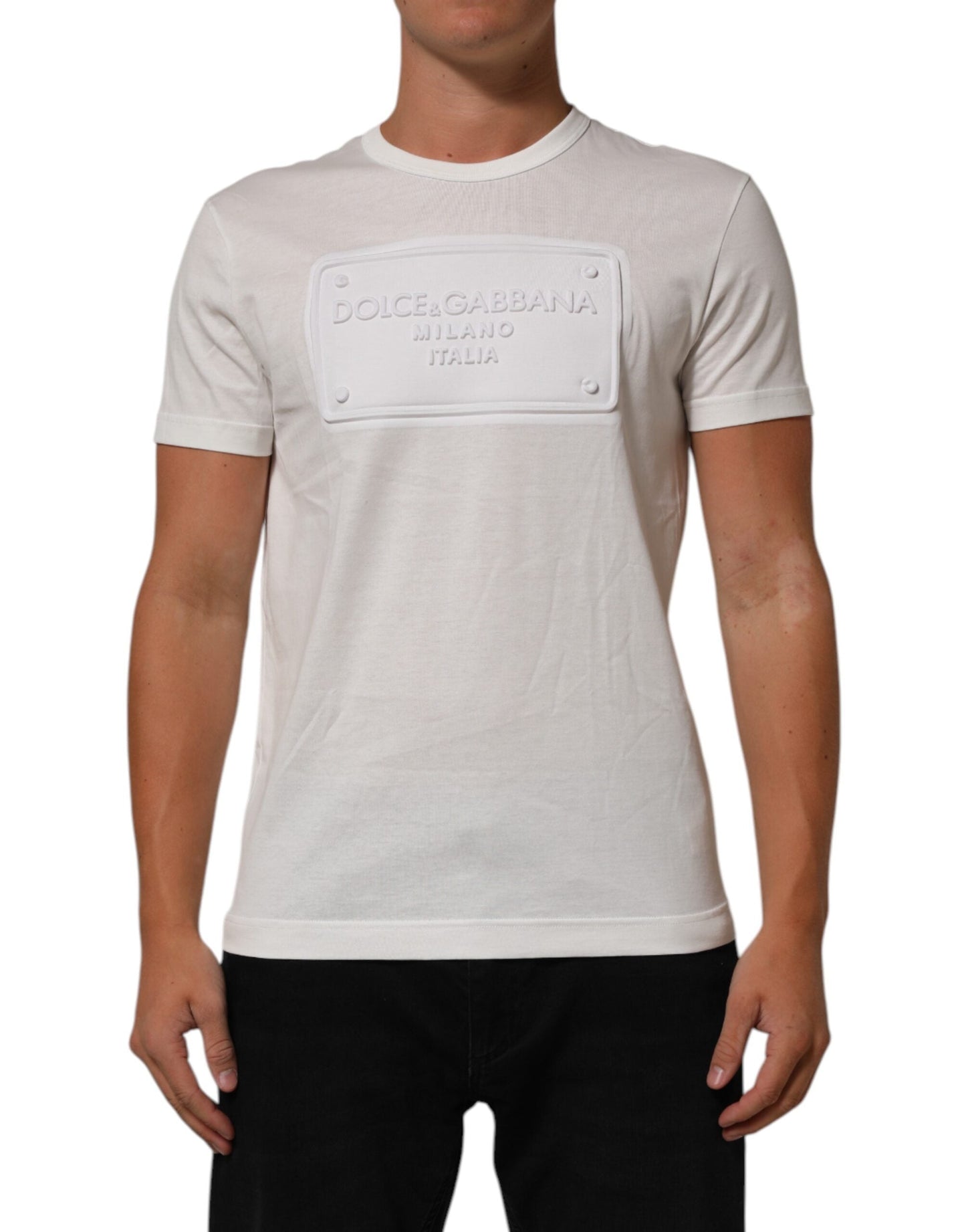 Dolce & Gabbana White Logo Patch Cotton Crew Neck Men T-shirt