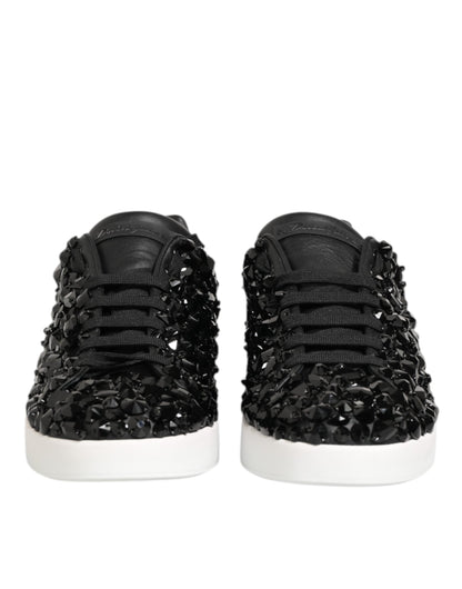 Dolce & Gabbana Black Leather Crystal Low Top Sneaker Shoes