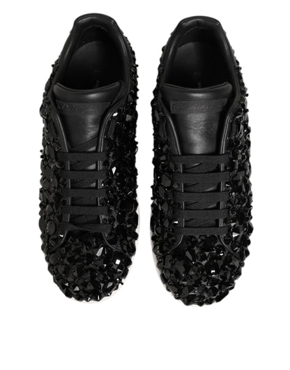 Dolce & Gabbana Black Leather Crystal Low Top Sneaker Shoes