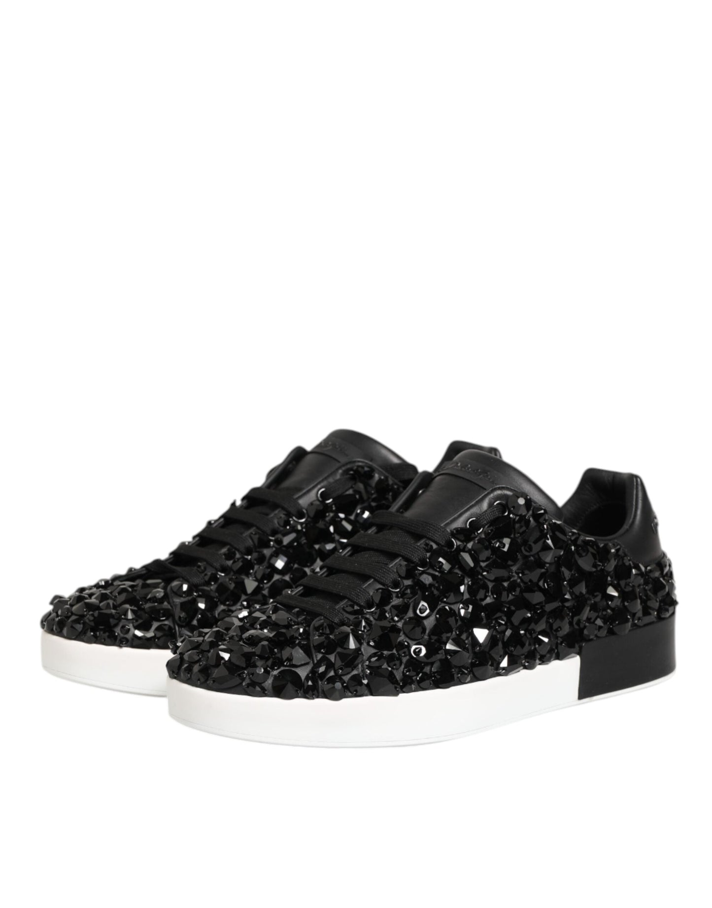 Dolce & Gabbana Black Leather Crystal Low Top Sneaker Shoes
