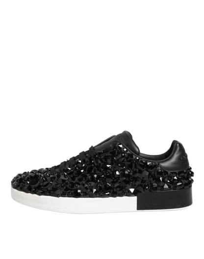Dolce & Gabbana Black Leather Crystal Low Top Sneaker Shoes