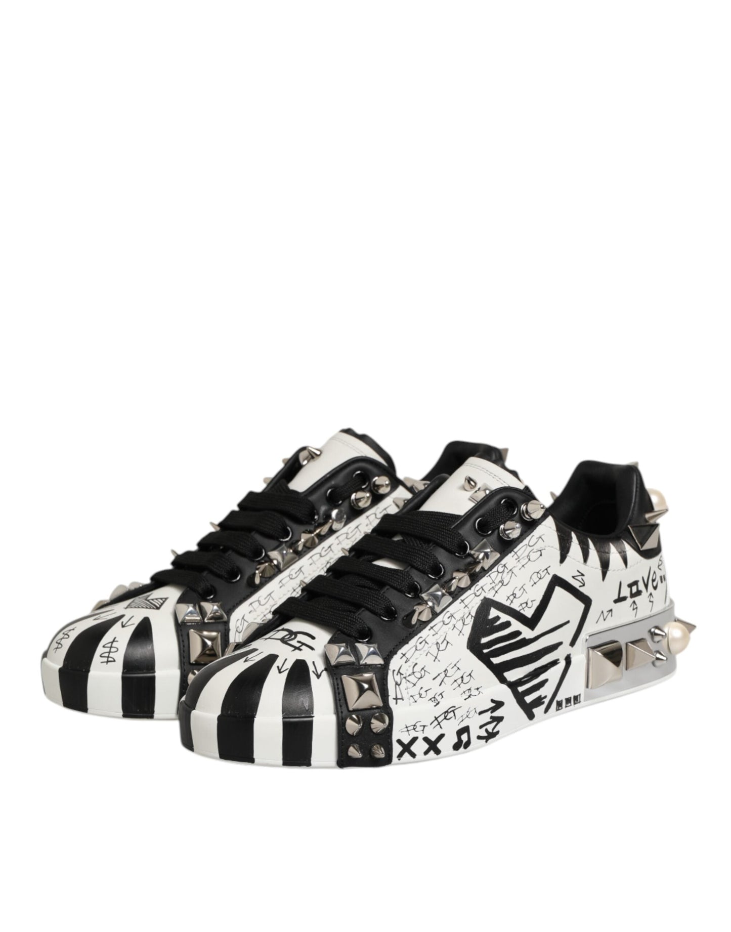 Dolce & Gabbana Black White Studded Low Top Sneakers Shoes