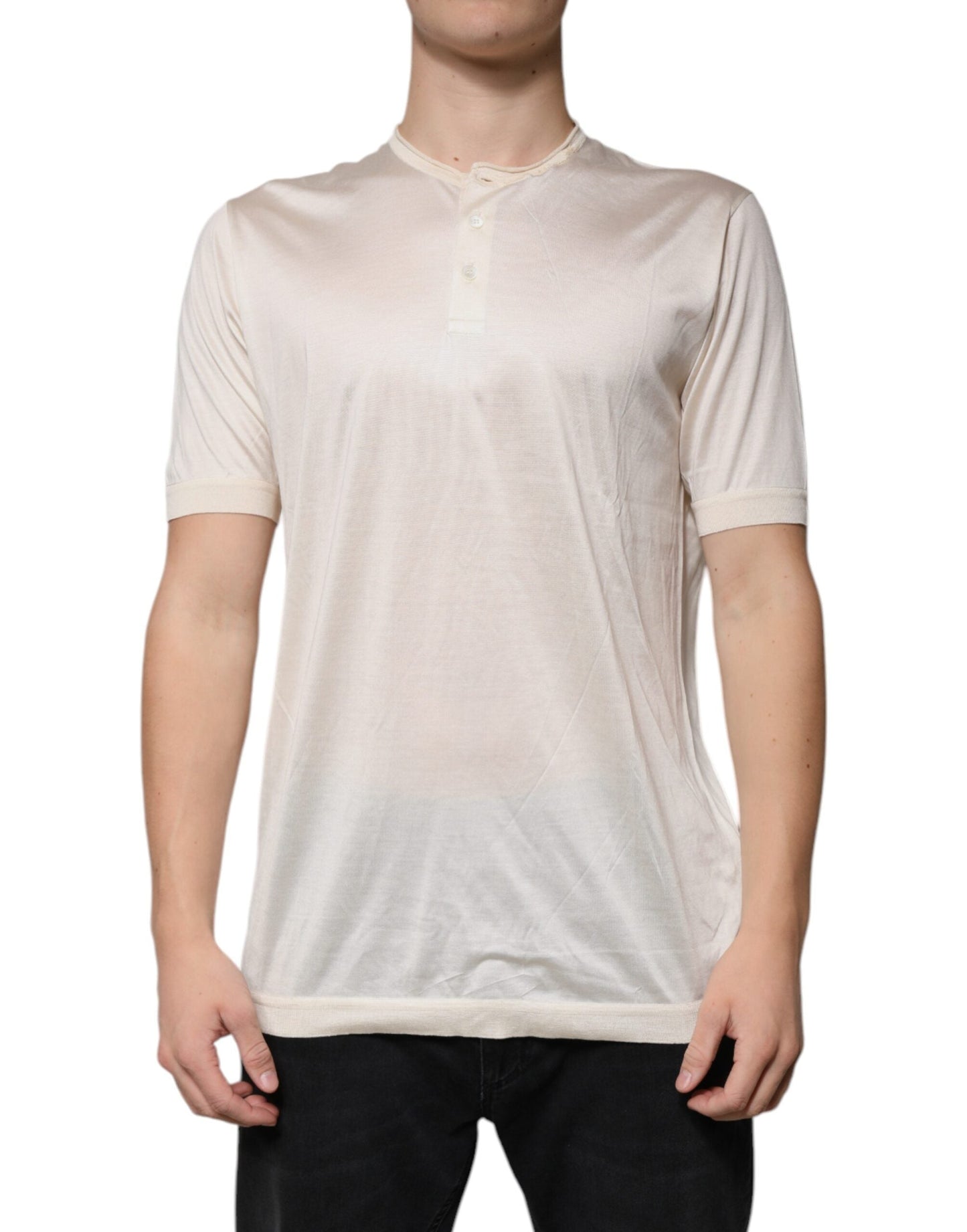 Dolce & Gabbana Off White Silk Henley Short Sleeves T-Shirt