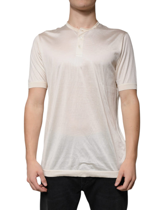Dolce & Gabbana Off White Silk Henley Short Sleeves T-Shirt