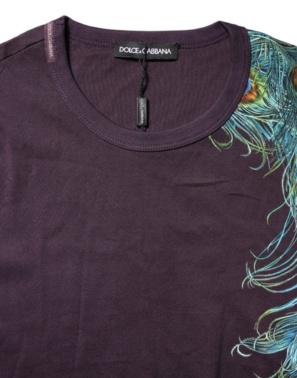 Dolce & Gabbana Violet Peacock Feather Men Crew Neck T-Shirt