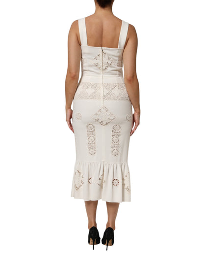 Dolce & Gabbana White Floral Lace Sleeveless Midi Dress
