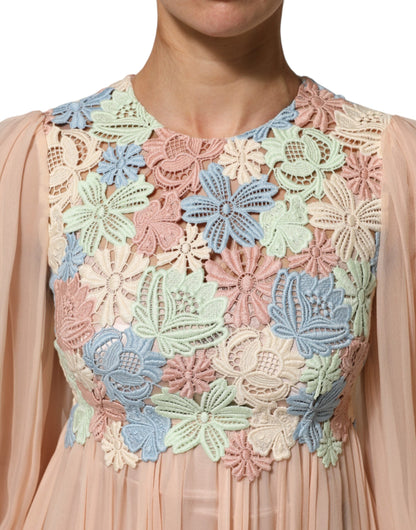 Dolce & Gabbana Pink Floral Embroidery Pleated A-line Dress
