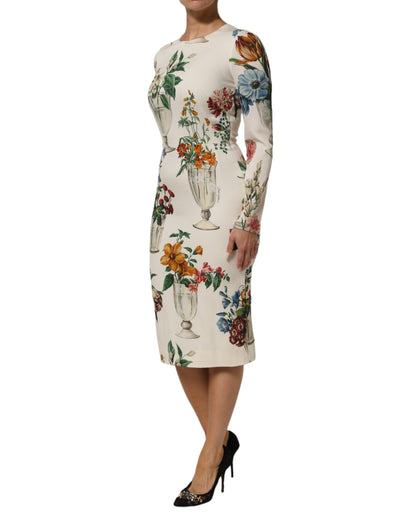 Dolce & Gabbana White Flower Vase Silk Sheath Midi Dress