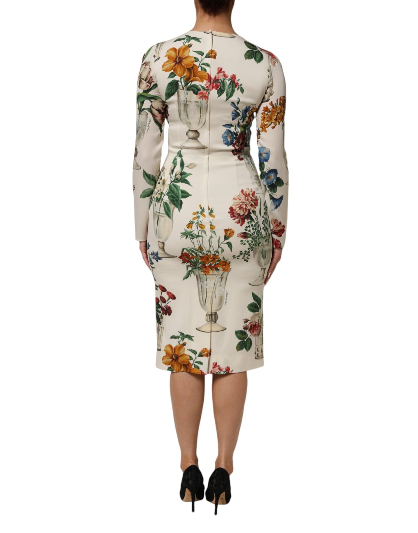 Dolce & Gabbana White Flower Vase Silk Sheath Midi Dress