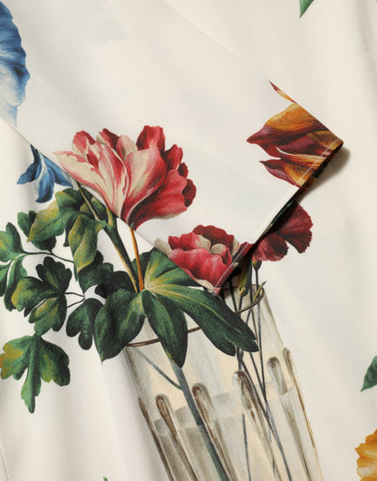 Dolce & Gabbana White Flower Vase Silk Sheath Midi Dress