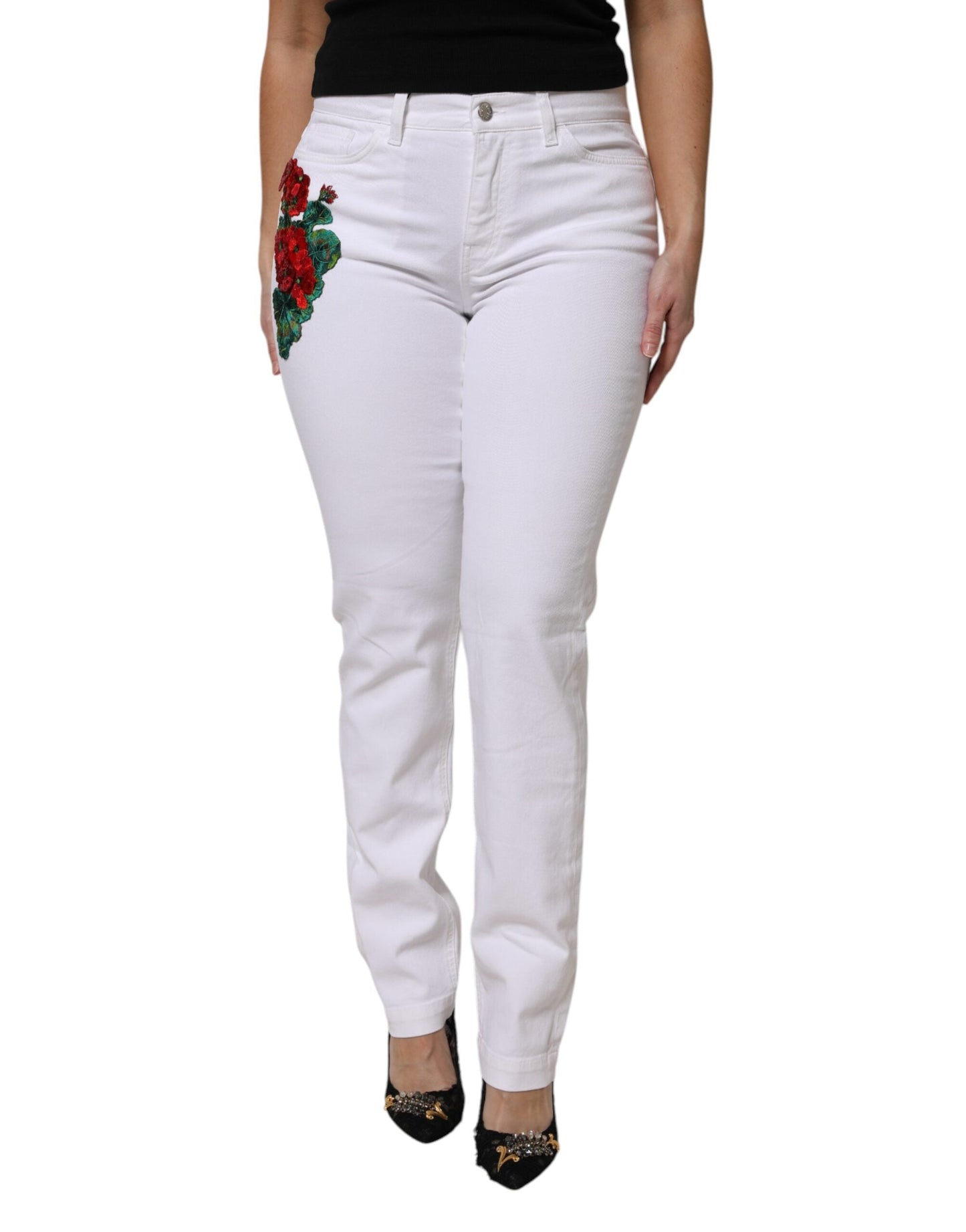 Dolce & Gabbana White GIRLY Floral Embroidery Denim Jeans
