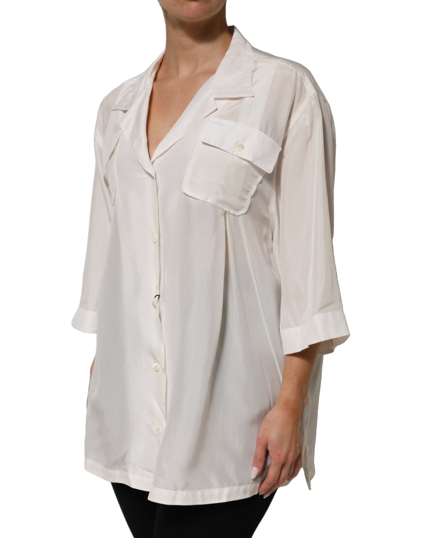 Dolce & Gabbana Off White Silk Button Down Polo Shirt Top