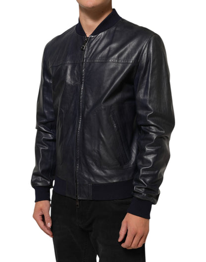 Dolce & Gabbana Blue Leather Full Zip Biker Blouson Jacket