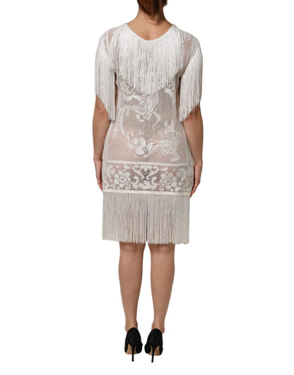 Dolce & Gabbana White Floral Lace Fringe Knee Length Dress