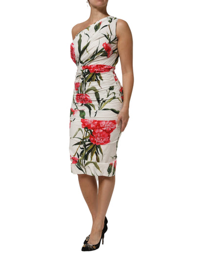 Dolce & Gabbana White Floral One Shoulder Sheath Dress