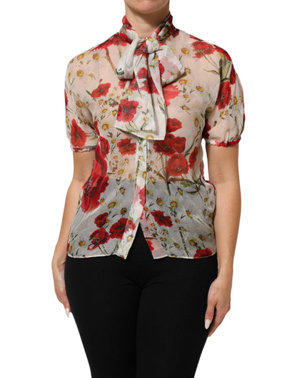 Dolce & Gabbana White Floral Tie-Neck Poppy Print Blouse Top