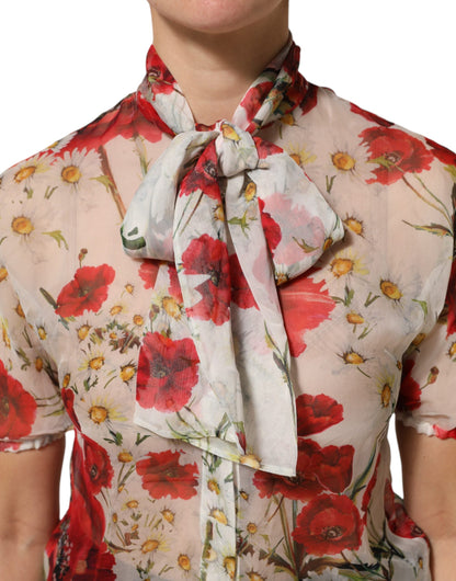 Dolce & Gabbana White Floral Tie-Neck Poppy Print Blouse Top