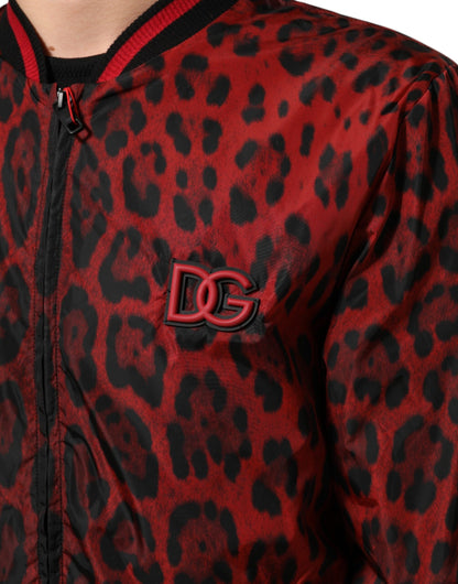 Dolce & Gabbana Red Leopard Print Full Zip Bomber Jacket