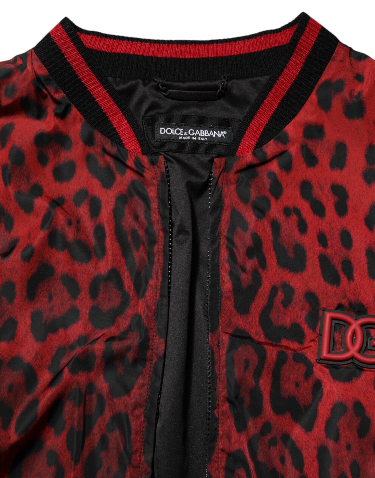 Dolce & Gabbana Red Leopard Print Full Zip Bomber Jacket